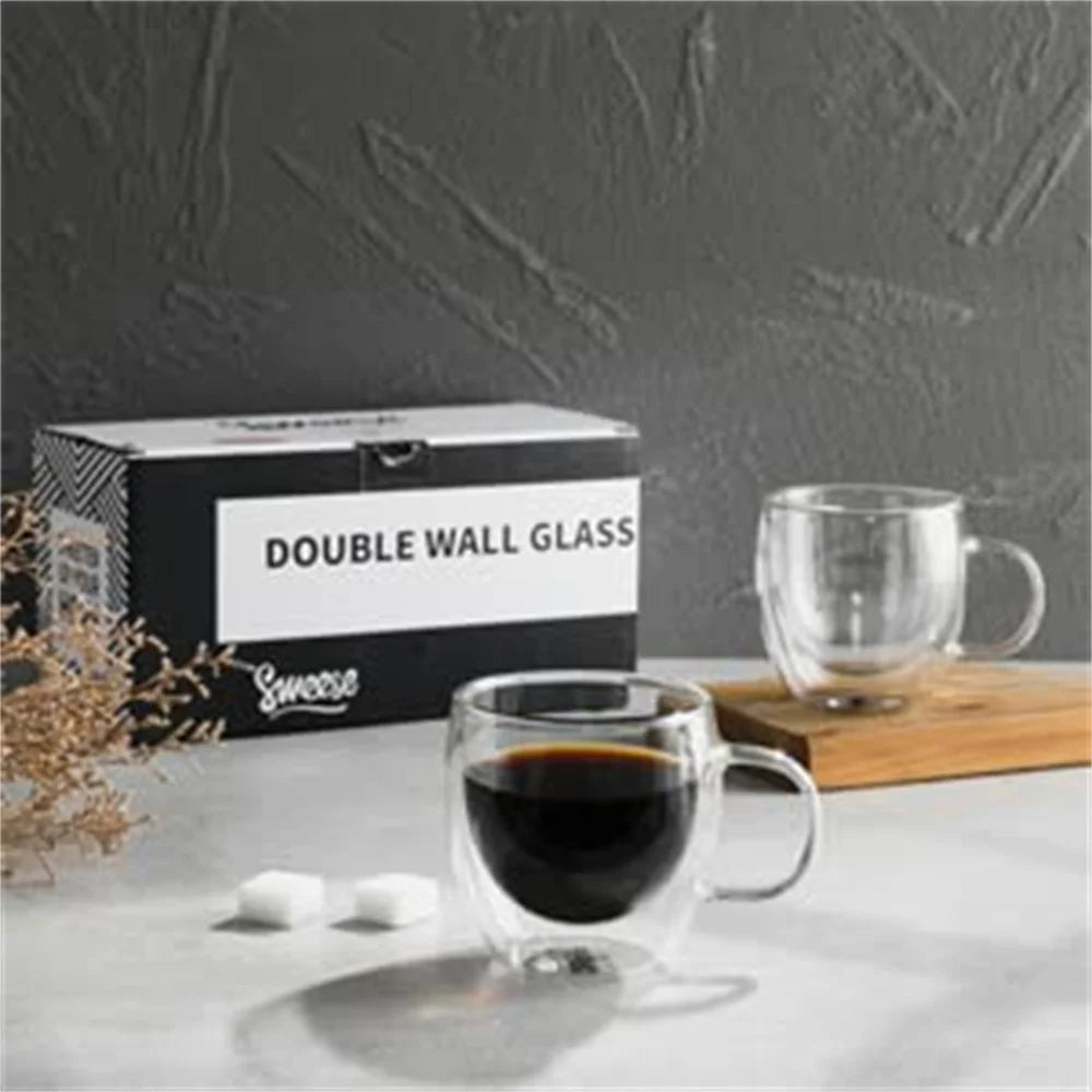 250Ml Double Wall Transparent Glass Coffee Cup with Handle Double-Layer Heat Insulation High Temperature Juice Milk Cup