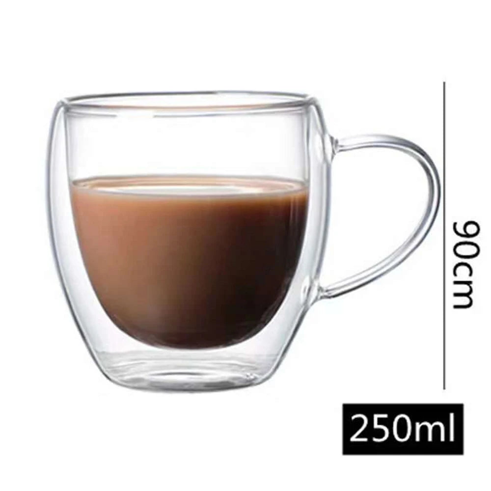 250Ml Double Wall Transparent Glass Coffee Cup with Handle Double-Layer Heat Insulation High Temperature Juice Milk Cup