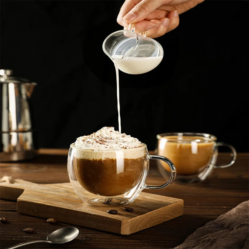 250Ml Double Wall Transparent Glass Coffee Cup with Handle Double-Layer Heat Insulation High Temperature Juice Milk Cup